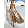 Zlaté saténové dlhé šaty GYBRAL s korzetema rázporkom