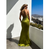 Olivové dlhé saténové šaty ERIKAL s rázporkom