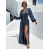 Petrolejové dlhé saténové šaty WOMAN s rázporkom