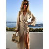 Béžové zavinovacie šaty MACIEJ s dlhým rukávom