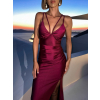 Vínové dlhé saténové šaty TAISIA s rázporkom