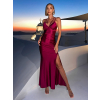 Vínové dlhé saténové šaty TAISIA s rázporkom