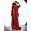 Červené dlhé trblietavé večerné šaty FARMER s kamienkami