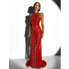 Červené dlhé trblietavé večerné šaty FARMER s kamienkami