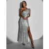 Strieborné trblietavé dlhé flitrované šaty MODEFLAH