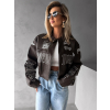 Hnědá krátká koženková biker moto bunda BRONWEN (Veľkosť ONESIZE)
