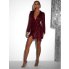 Bordó zavinovacie flitrované krátke šaty KORORA s dlhým rukávom