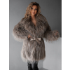 Hnědý faux fur kožešinový delší kabátek ALBERTO s páskem (Veľkosť M/L)