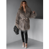 Hnědý faux fur kožešinový delší kabátek ALBERTO s páskem (Veľkosť M/L)