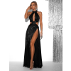 Čierne koženkové dlhé šaty ARYA s odhalenými bokmi