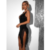 Čierne krátke trblietavé koktailové šaty MODOM s bodmi