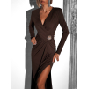 Hnedé zavinovacie elegantné dlhé šaty GIOELE s brošňou