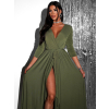 Olivové dlhé spoločenské šaty JOELLIAN s dlhým rukávom