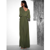 Olivové dlhé spoločenské šaty JOELLIAN s dlhým rukávom