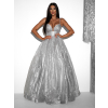 Strieborné plesové dlhé trblietavé šaty SARTOR
