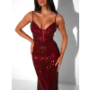 Vínové plesové dlhé trblietavé šaty LAJSA s výstrihom