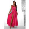Ružové dlhé saténové šaty PERFECTLY s výstrihom