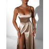 Zlaté dlhé saténové šaty HELSIN s rázporkom
