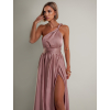 Staroružové lesklé šaty VALERDI s variabilným viazaním a rázporkom