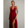Bordové saténové šaty VALERDI s variabilným viazaním a rázporkom