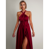 Bordové saténové šaty VALERDI s variabilným viazaním a rázporkom