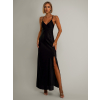 Čierne dlhé saténové šaty ROSES s rázporkom