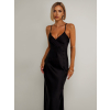Čierne dlhé saténové šaty ROSES s rázporkom