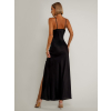 Čierne dlhé saténové šaty ROSES s rázporkom
