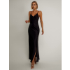 Čierne dlhé saténové šaty ROSES s rázporkom