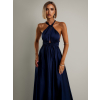 Tmavomodré saténové šaty VALERDY s variabilným viazaním / bez rázporku