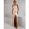 Zlaté dlhé spoločenské šaty PULONA s rázporkom
