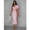 Ružové saténové midi šaty MIRIAM s krátkym rukávom
