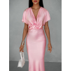 Ružové saténové midi šaty MIRIAM s krátkym rukávom