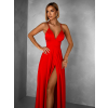 Červené dlhé elegantné šaty LAENOR s výstrihom