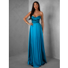 Petrolejové saténové dlhé spoločenské šaty SYCHAEUS bez ramienok