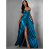 Petrolejové saténové dlhé spoločenské šaty SYCHAEUS bez ramienok