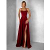 Bordó dlouhé plesové šaty CELLINES se šněrováním a rozparkem (Veľkosť L)