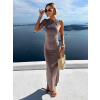 Tmavo béžové dlhé elastické šaty KEENAN s holým chrbtom