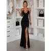 Čierne dlhé saténové šaty ERIKAL s rázporkom a šnurovaním