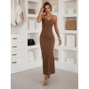 Tmavo hnedé dlhé šaty SLOMYX so špagetovými ramienkami