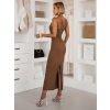 Tmavo hnedé dlhé šaty SLOMYX so špagetovými ramienkami