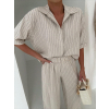 Béžový pruhovaný ľanový dlhý nohavicový komplet VELIOR