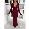 Vínové dlouhé šaty FAYMONT s dlouhým rukávem (Veľkosť M/L)