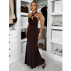 Tmavo hnedé dlhé spoločenské šaty CAELINA s vlečkou