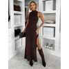 Tmavo hnedé priliehavé dlhé šaty DRYNA s rázporkom