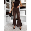 Hnedé krajkové dlhé zvonové nohavice FYNORIA
