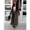 Hnedý kockovaný károvaný dlhý kabát OPHELYN