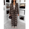 Hnedý kockovaný károvaný dlhý kabát OPHELYN