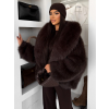 Tmavě hnědý faux fur kožešinový kabátek NOLIERO s kapucí (Veľkosť ONESIZE)