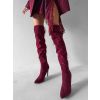 Vínové semišové nad kolena vysoké kozačky DARYANA na podpatku (Veľkosť 36)